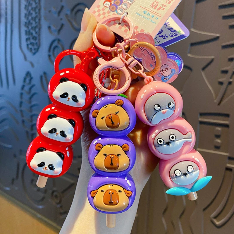 Cartoon Sugared Gourd Panda Skewer Keychain Women Bag Pendant Cute Blueberry Capybara Fruit Peach Leaf Turtle Animal Key Chain