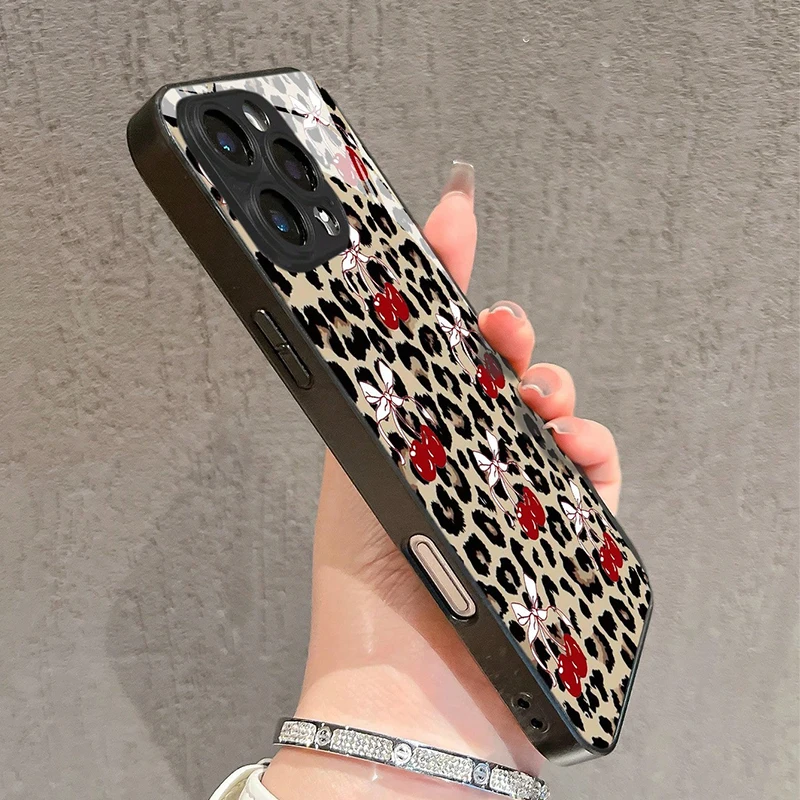Leopard Print Bow Cherry Pattern Tempered Glass Phone Case For iPhone 17 16 Pro Max 15 14 13 12 11 Pro 16E 7 Plus XR XS X Cover