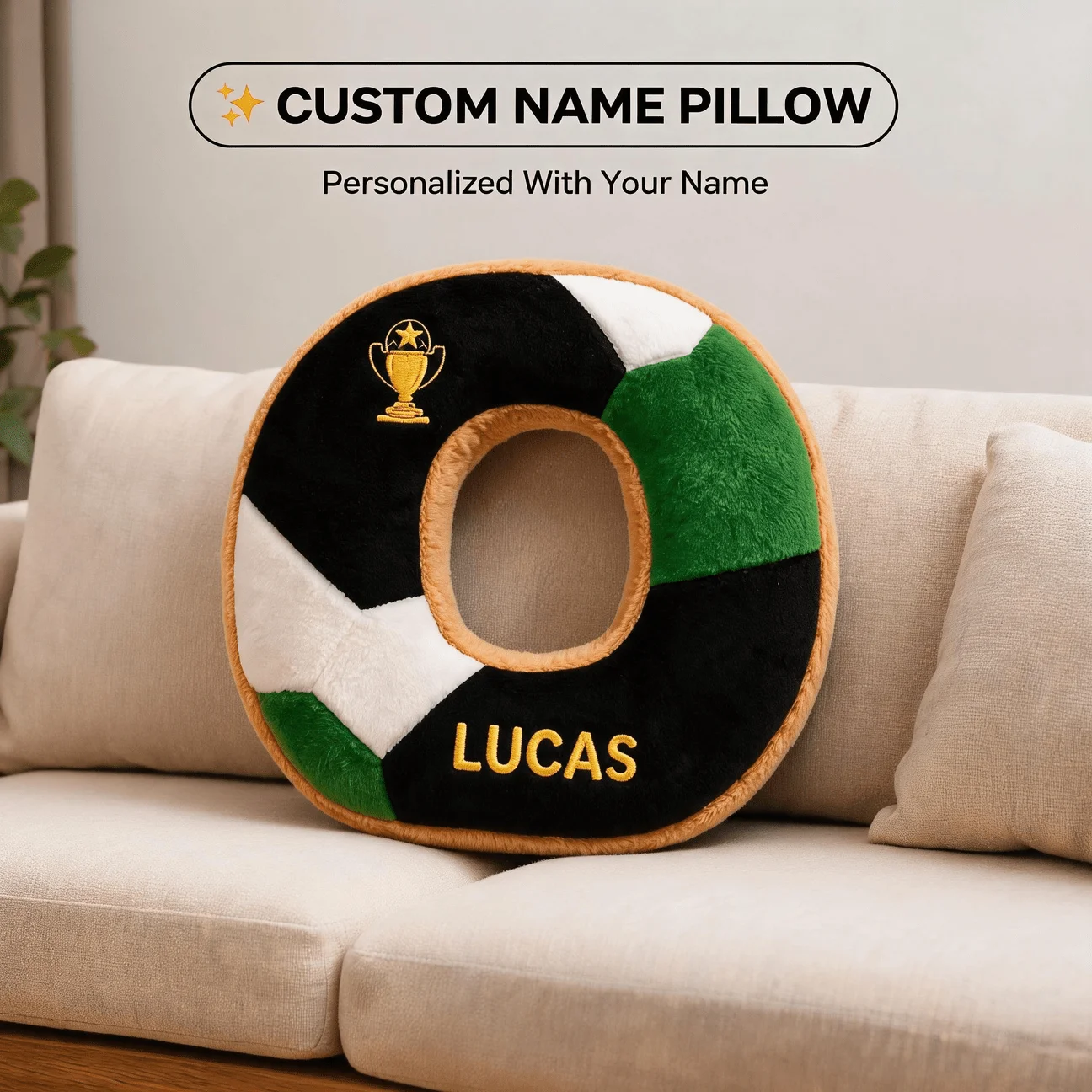 Custom Photo Pillow O Shape Soccer Trophy Style Personalized Name Cushion Unique Home Decor for Sofa Bedroom Gift for Adults