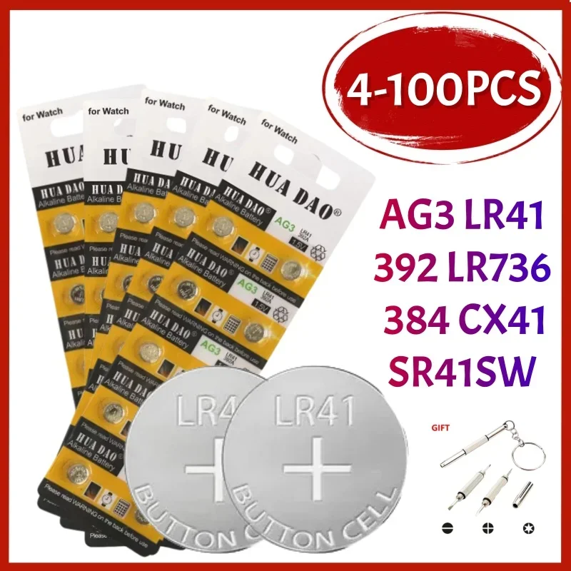 

4-100PCS AG3 LR41 392 Button Cell Batteries SR41 192 Cell Coin 1.55V Alkaline Battery L736 384 SR41SW CX41 For Watch Toys Clock
