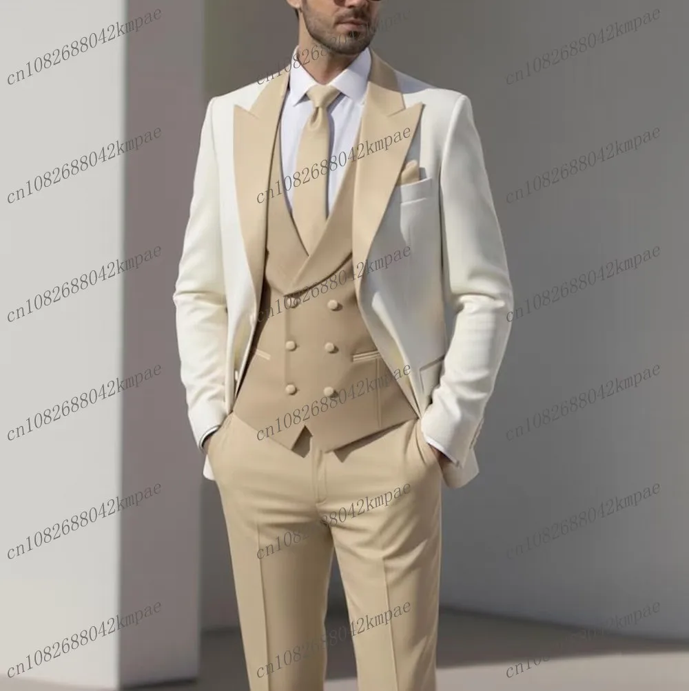 

Новый белый и бежевый деловой мужской костюм для жениха, жениха, свадебной вечеринки, выпускного вечера, деловые мужские смокинги, комплект из 3 предметов, пиджак, жилет, брюки