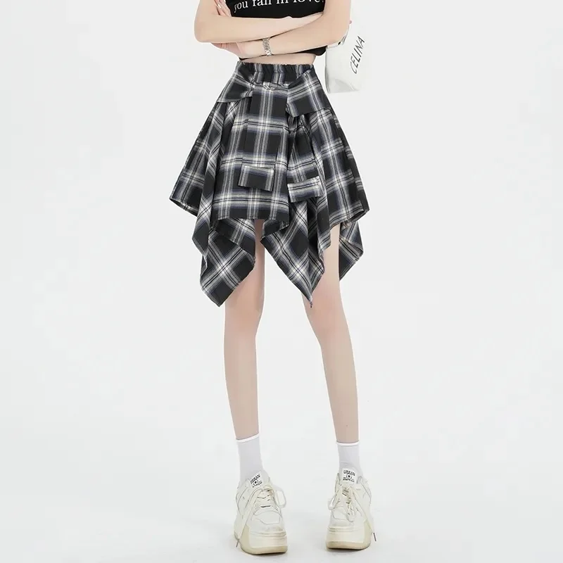 Irregular High Waist Cargo Plaid Skirt for Women Bow knot Tie Casual Sports Sexy Short Skirts y2k Female Mini Halfskirt ﻿