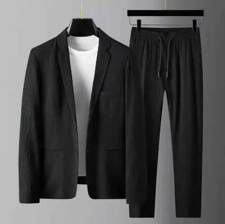 

Spring Summer Fashion Suit Men Blazer Pants Stripe Pleats Long Sleeve Turndown Collar Jacket Drawstring Trousers for Wedding