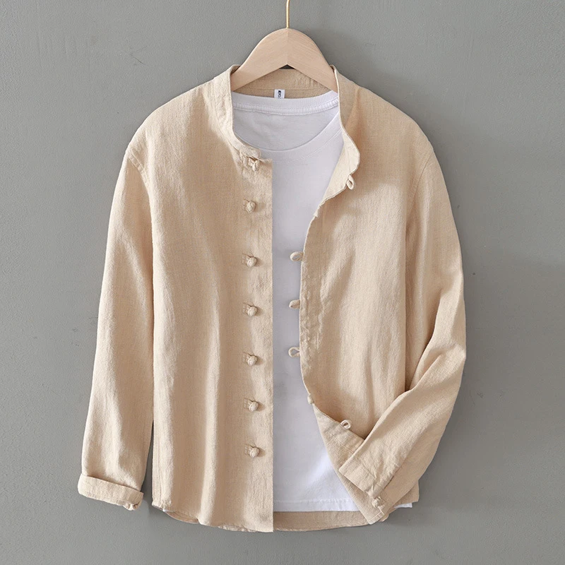 Men's Shirt Vintage Cotton Linen Long Sleeve Shirt Spring Summer Autumn Loose Fashion Casual Blouse Male Plus Size Cardigan Top