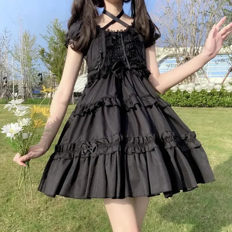 Robe de style Lolita à manches courtes bouffantes Kawaii pour femmes, nœud doux, dentelle à volants, mini robes à bandage, robe de soirée princesse gothique pour filles, robe éducative