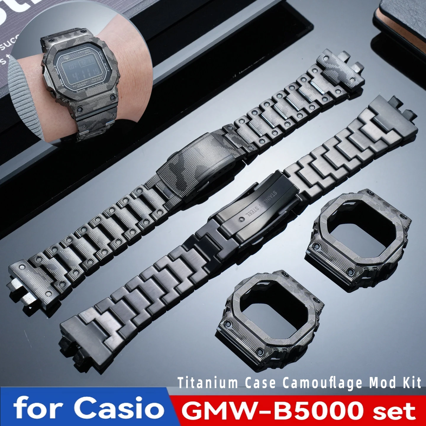 GMW-B5000 Titanium Case Camouflage Mod Kit For Casio GMWB5000 Watch Metal Bezel Strap With Refit Tools Replacement Accessories