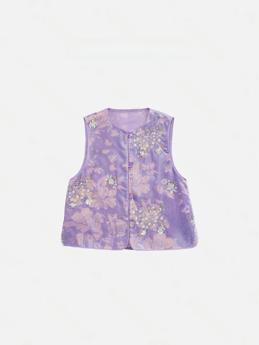 

Spring New Arrival Purple Velvet Beaded Embroidered Chinese Sle Jaet Women's Top Outerwear Faionable round Ne Design