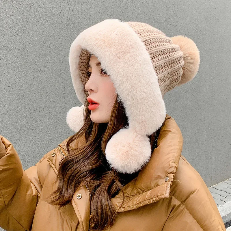 

Woolen Hat Women's Autumn and Winter Warmth Ear Protection Plush Ball Sweet and Cute Knitted Hat