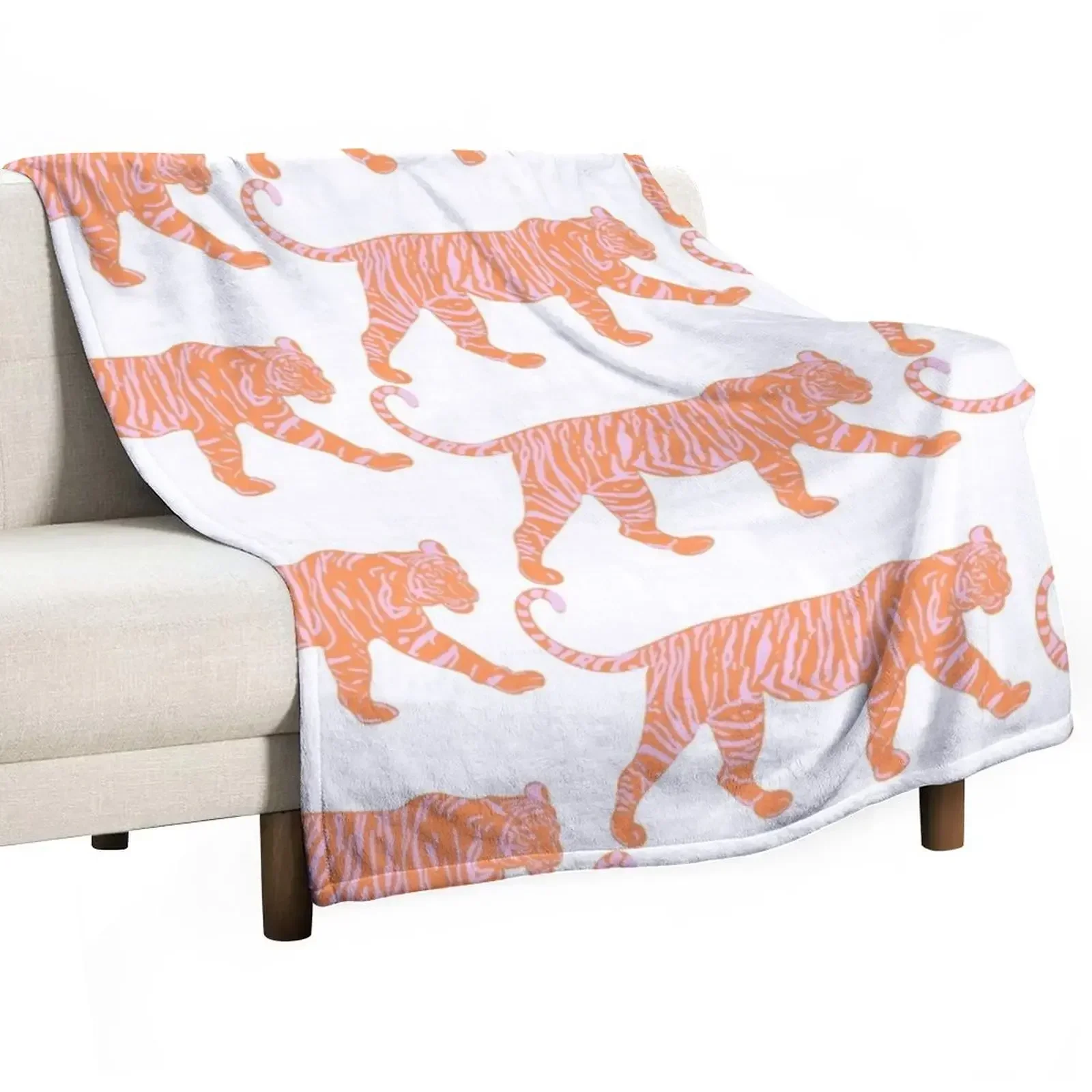 

Orange and Pink Tiger Throw Blanket Decorative Beds Flannel halloween Picnic Blankets