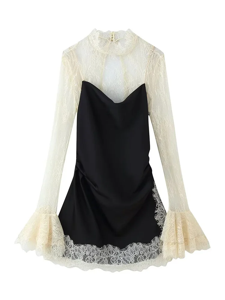 

HH Women Long Sleeves Lace Splicing Bell Sleeve Decoration Elegant Mini Dress Female Fashion Contrasting Colors Sexy Party Dress