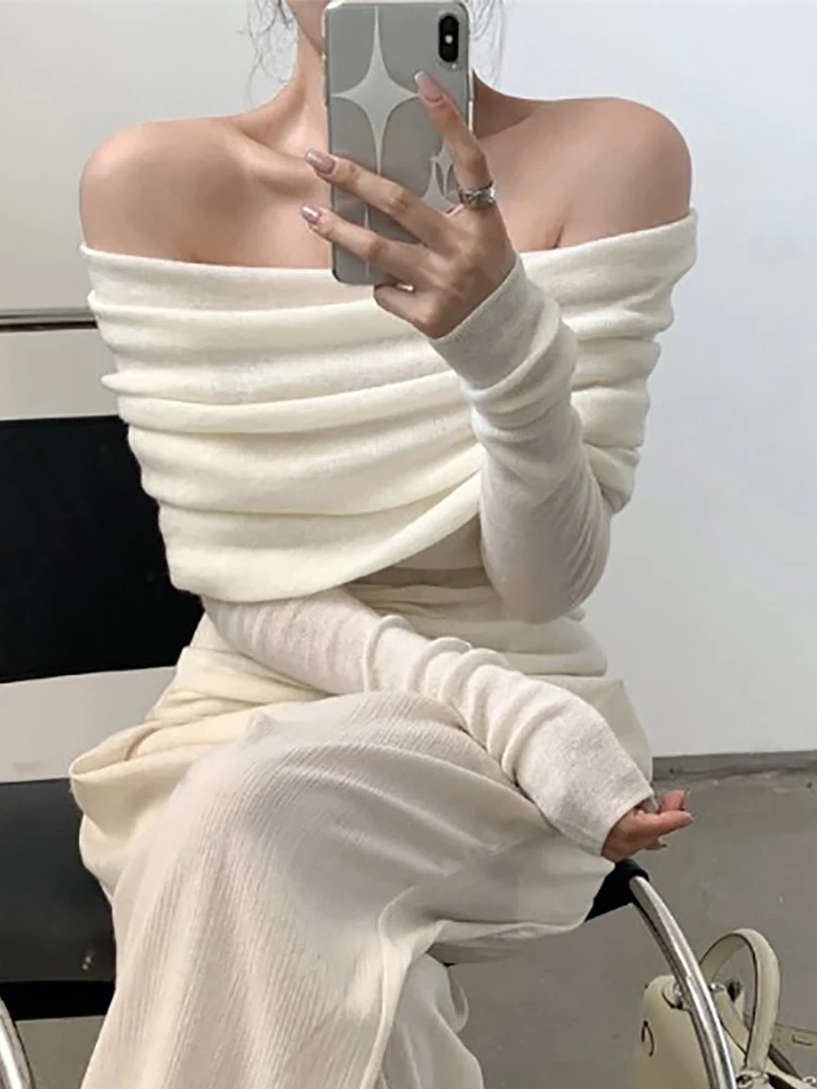 Sweater Women Sexy Slash Neck Slim Knitted Tops Pullover Long Sleeve Knit Pull Femme Vintage Knitwears Autumn Winter Clothing