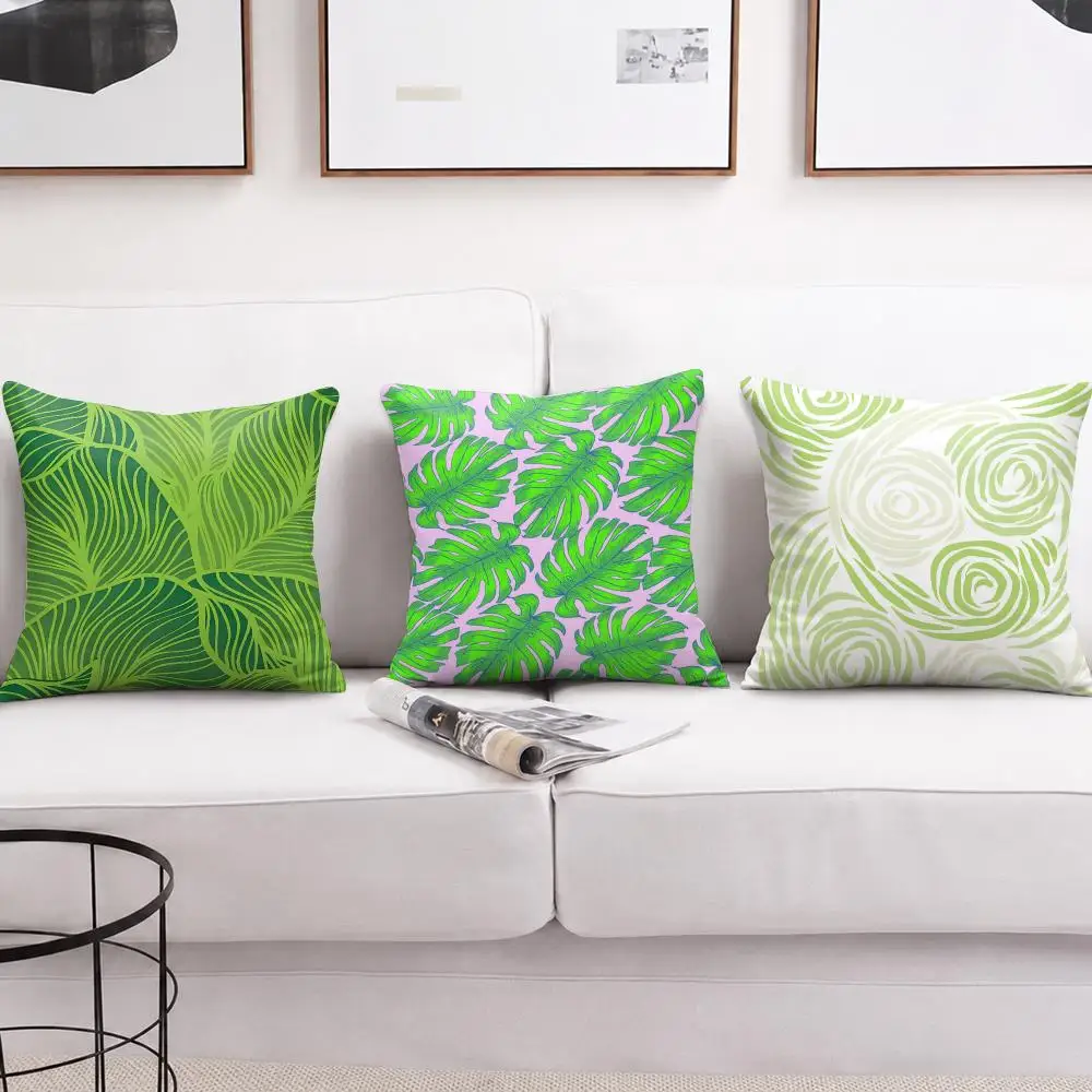 Botanical Green Leaf Foliage Cushion Cover Short Plush Soft Double-Sided Printing Pillow Case Cozy Sofa Bedroom Home Decor Gift