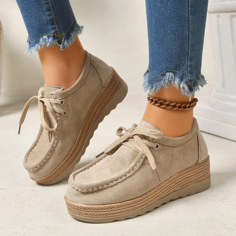 New Solid Color Retro Women's Sneakers Fashion Thick Soled Lace Up Loafers Round Head Casual Low Top Women Shoes Tênis Feminino