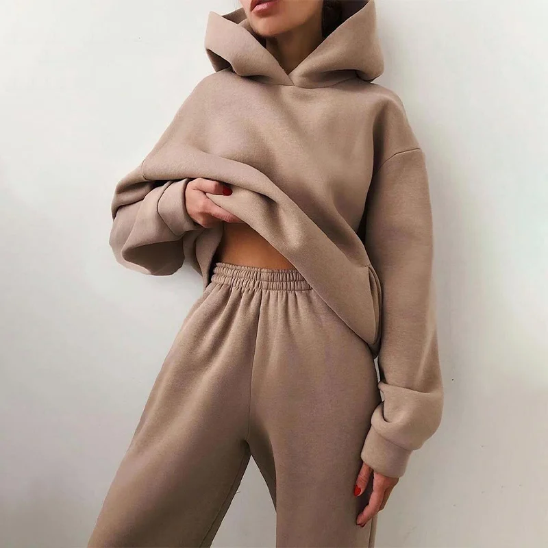 Winter Women Fleeced Tracksuits Casual Hoodie and Sweatpants Suit Fashion Two Pieces Set Hooded Sweatshirt Sport Jogger Outfits