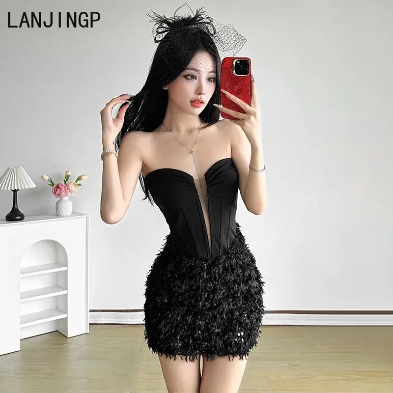 

Sexy deep V-neck perspective slim fit splicing plush sequins hip wrap chest women summer dress