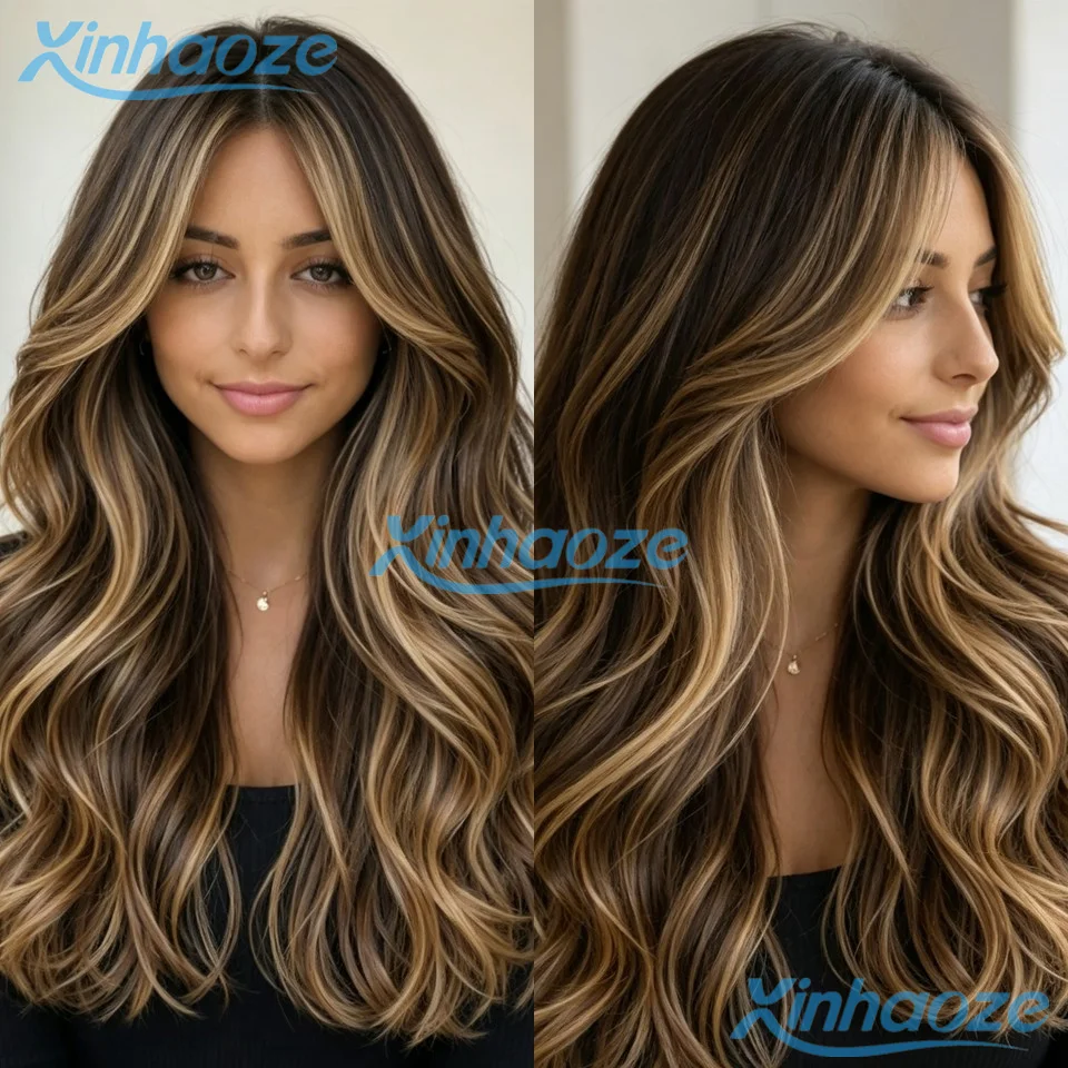 Highlight Brown Blonde #4/27 With Dark Rooted 360/Full Lace Wigs Bleached Knots Middle Part Glueless Body Wavy Human Hair