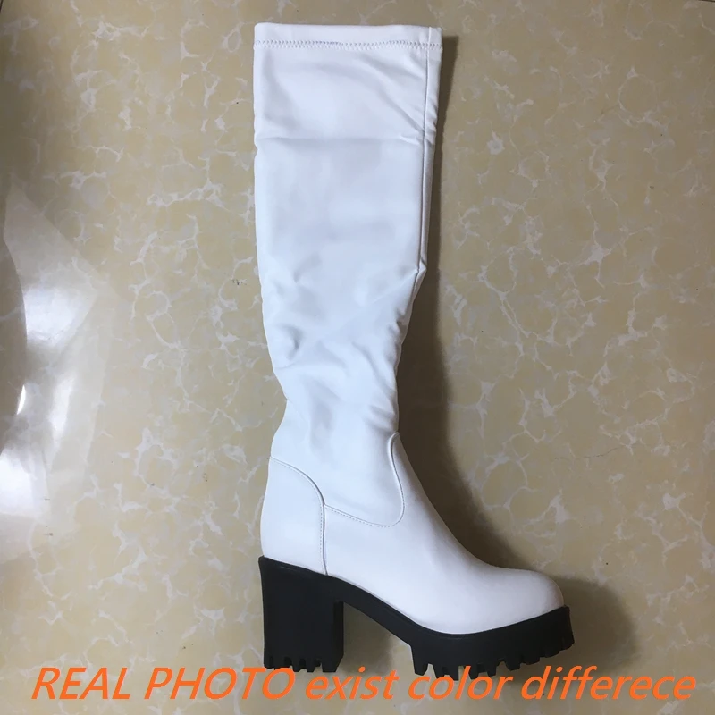 Girseaby New Big Size 34-45 14 Thick Platform Women Sexy Slip On Square High Heels Long Boots waterproof Winter Black White F198