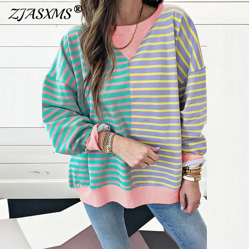 Casual Patchwork Contrast Striped Print Sweatshirts Women Fall O Neck Cotton Top Pullover Winter Full Sleeve Loose Hoodie Jumper