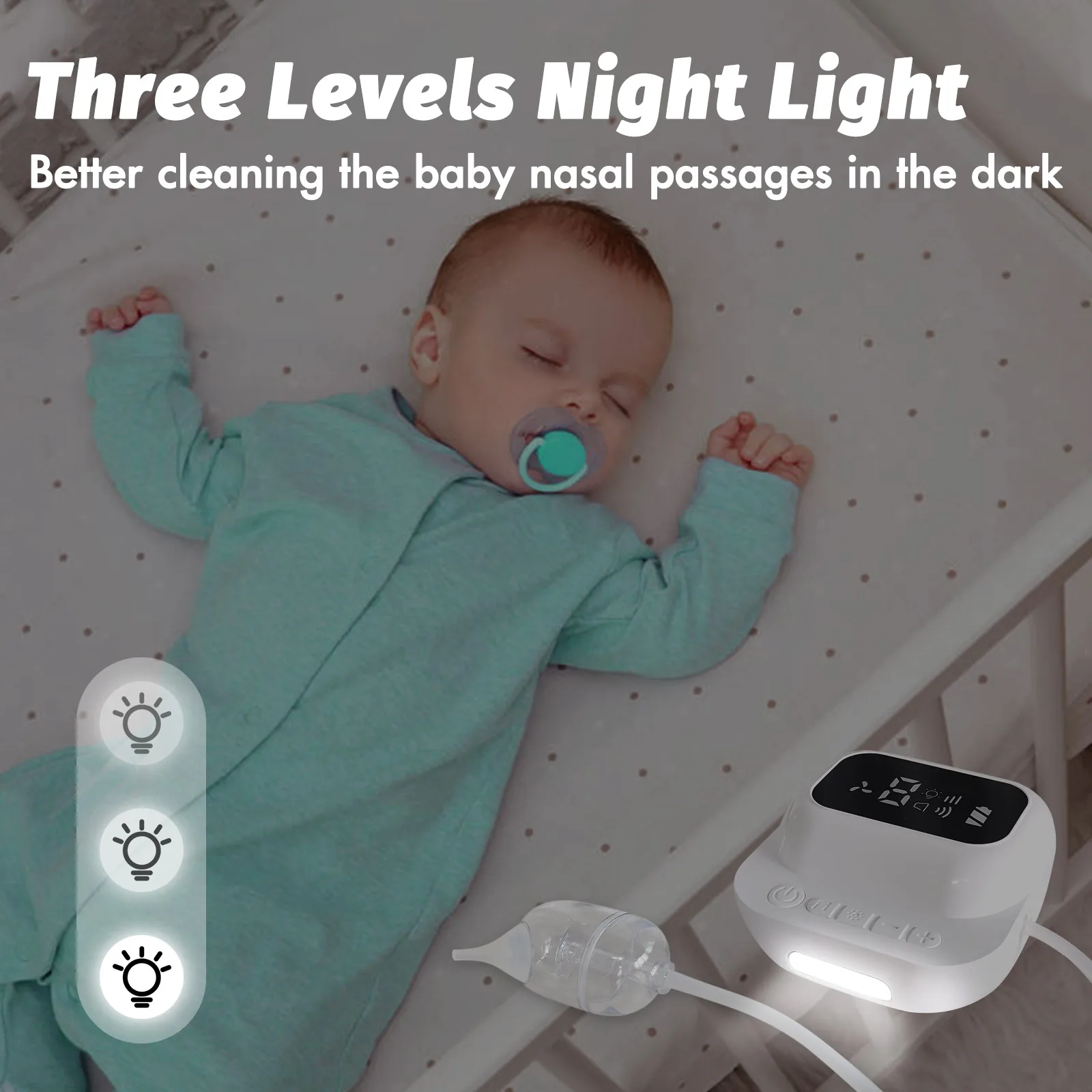 Baby Nasal Aspirator with 9 Suction Levels, Rechargeable Snot Sucker for Newborns, 2 Silicone Nozzles, Music & Night Light