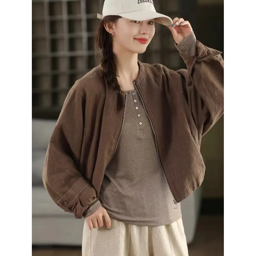 

Повседневный хлопково-льняной топ с круглым вырезом и бейсбольными рукавами для женщин, свободный крой, универсальный, осенний, модный, простой дизайн