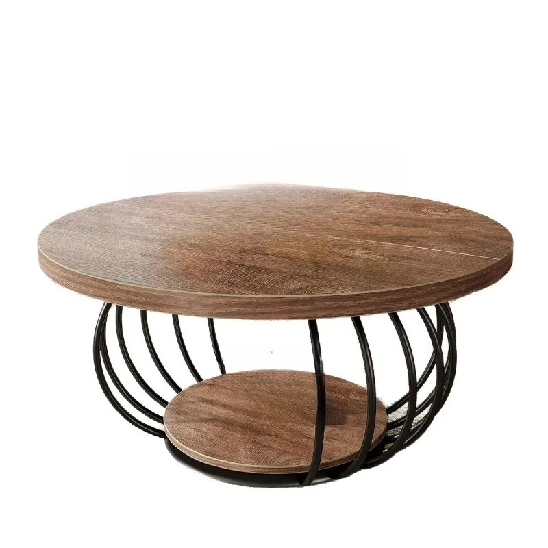 

Modern round coffee table with durable metal frame and solid wood storage rack, eco-friendly living room side table