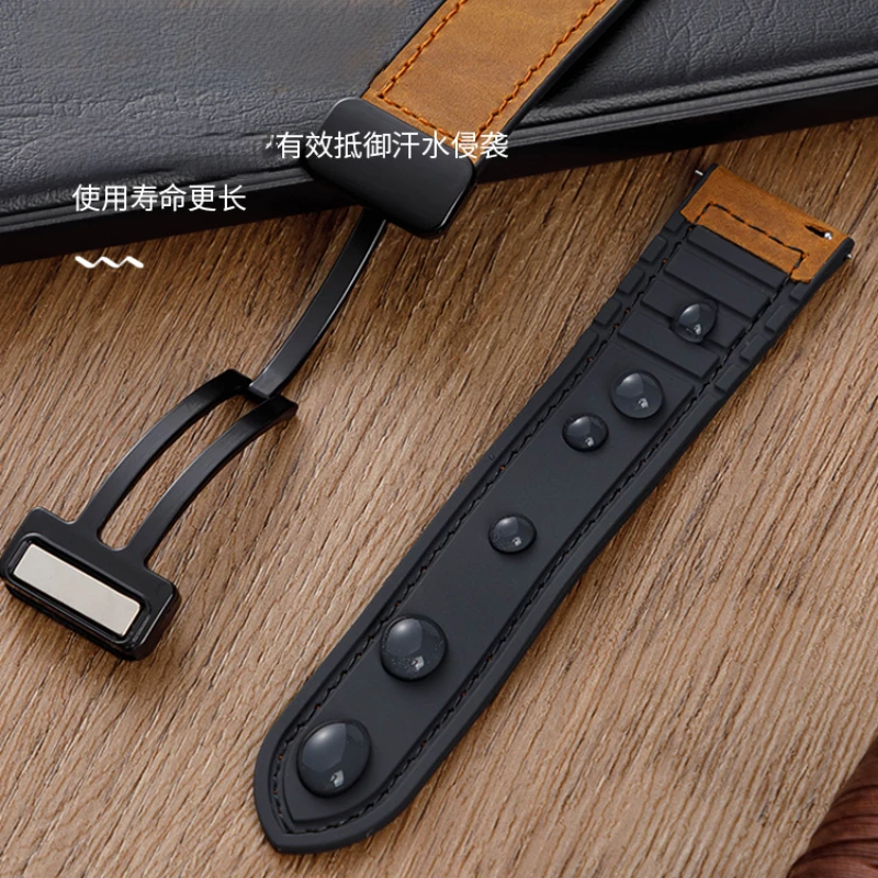 Magnetic Buckle cowhide Genuine Leather watch Strap 20 22mm Quick release Soft waterproof Men Silicone bottom watchband bracelet
