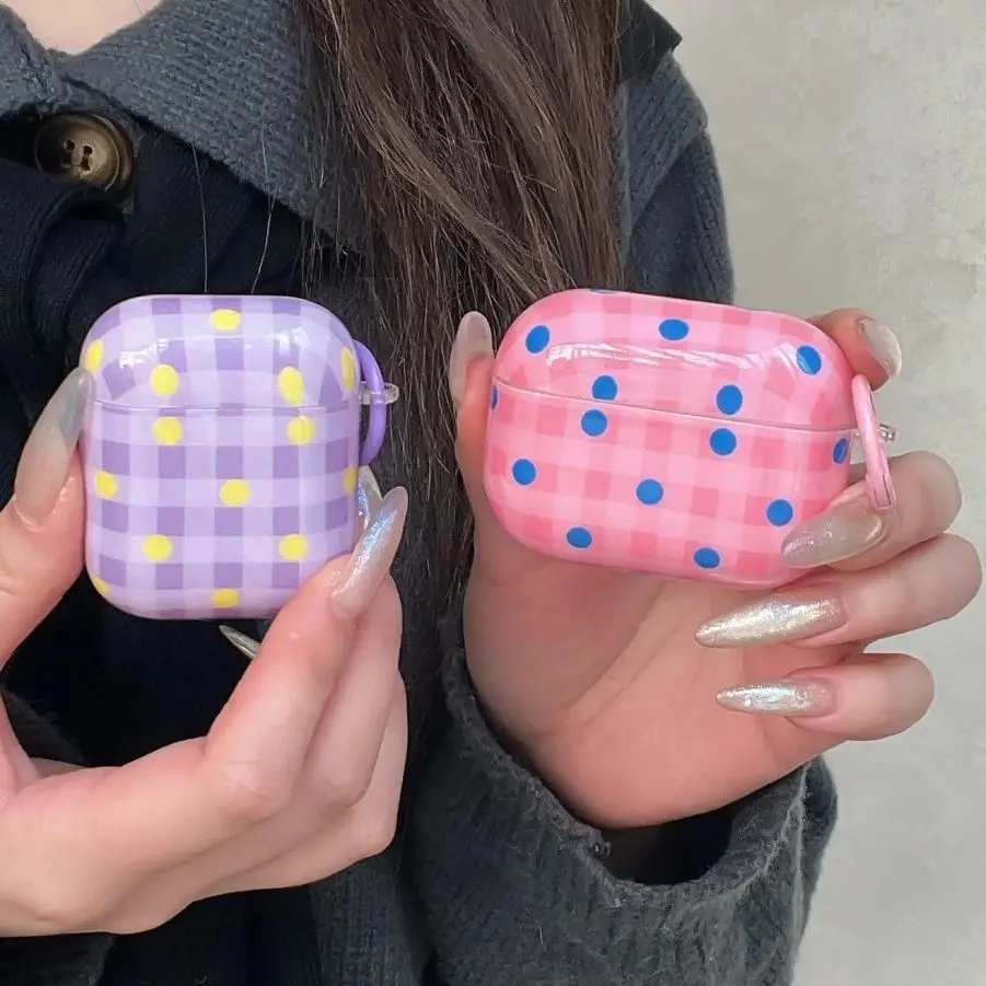 Summer Dopamine Colorful Plaid Grid Polka Dot Earphone Case Cover For Apple AirPods Pro 4 3 2 1 Lattice Bluetooth Headphone Case