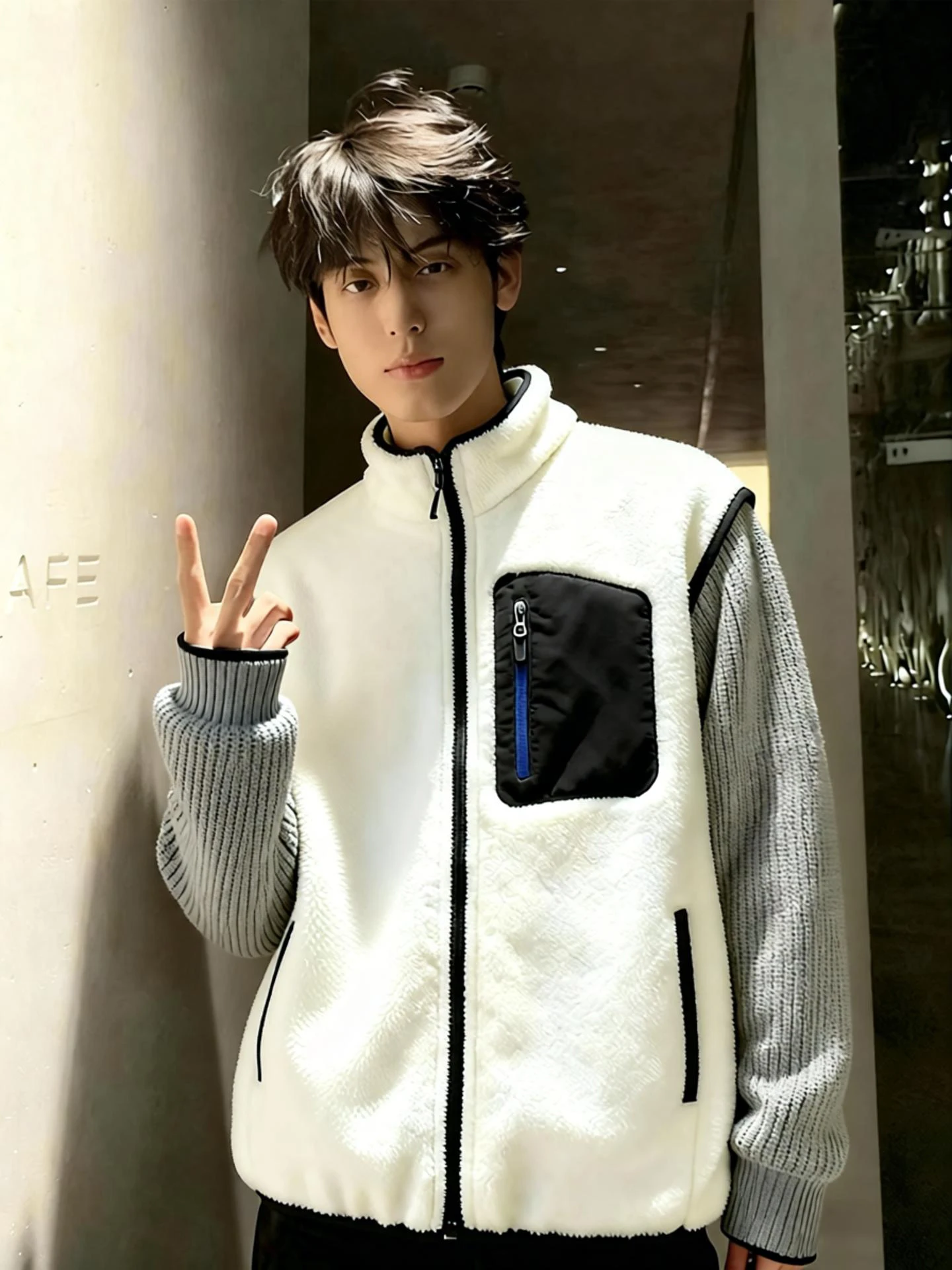 

White Fce Lined Vest Men's Winter Thi Warm Svel Stand Collar Layering Base Layer Clothing Inner Wear Outerwear