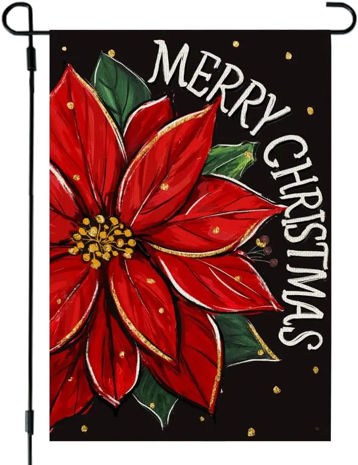 CROWNED BEAUTY Merry Christmas Poinsettia Garden Flag 12x18 Inch Double Sided Small Burlap Holiday Red Floral Yard Decoration fo