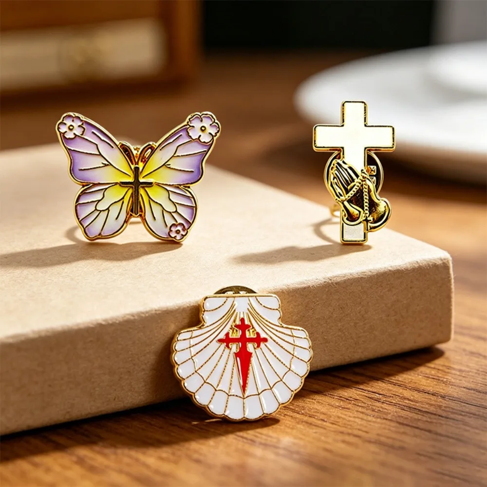4-12Pcs Enamel Religious Lapel Pins Gradient Butterfly Cross & Scallop Shell Brooch Wedding Baptism Party Favor Gift