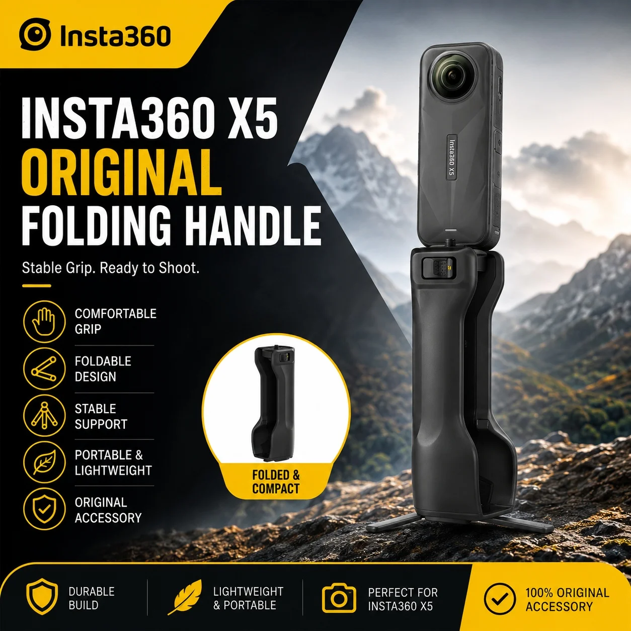 Opvouwbare handgreep voor Insta360 X5 Lichtgewicht antislip handgreep Draagbare camerahouder voor handmatig fotograferen