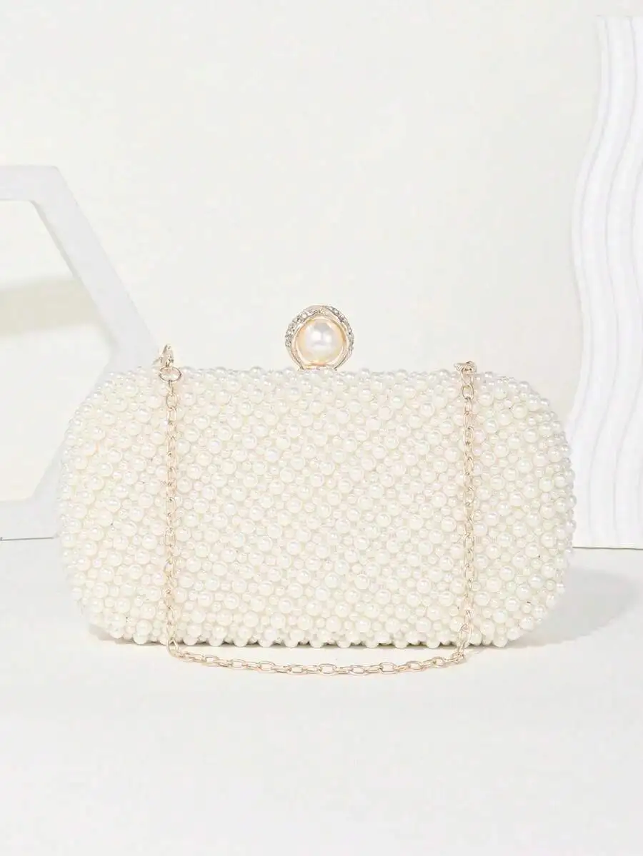 

Elegant Faux Pearl Clutch Bag With Chain Strap For Evening Wedding Party