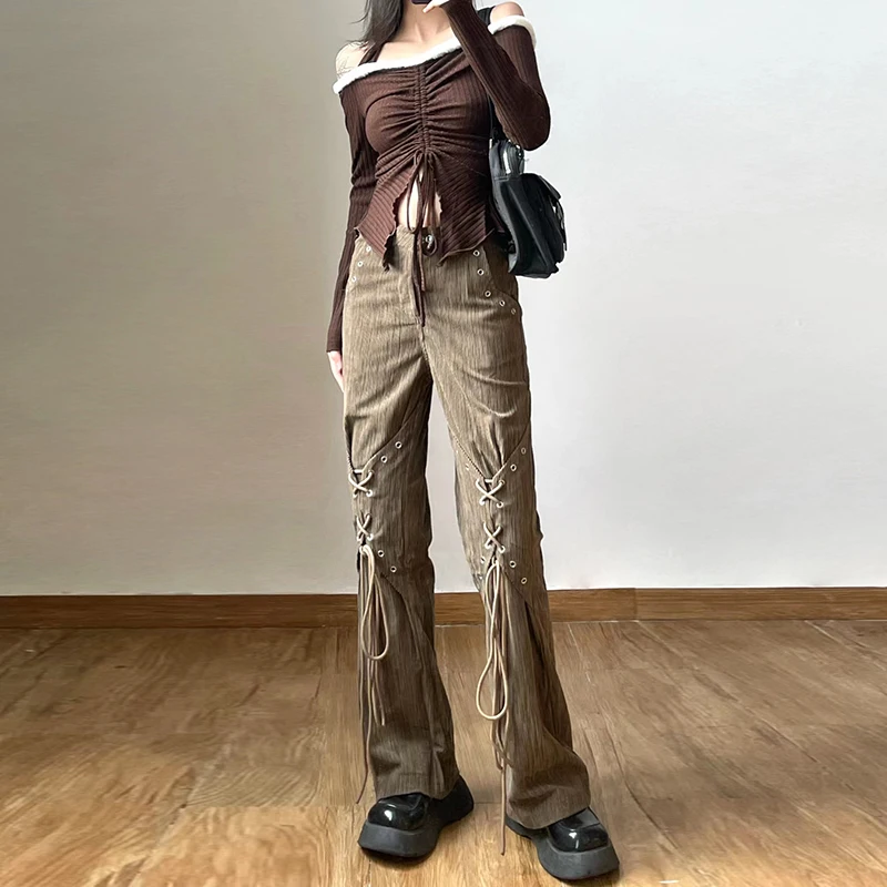 2023 Spring and Autumn New Design Sense Lace-up Loose Slimming Straight Pants High Waist Drooping Casual Pants Women's Overalls