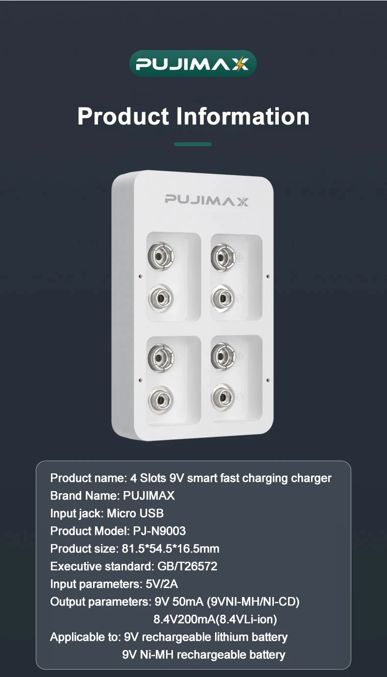 PUJIMAX Smart Fast Battery Charger 4 Slots 9V With LED Indicators USB Cable For 9V Ni-MH/Ni-Cd/Li-ion Rechargeable Batteries