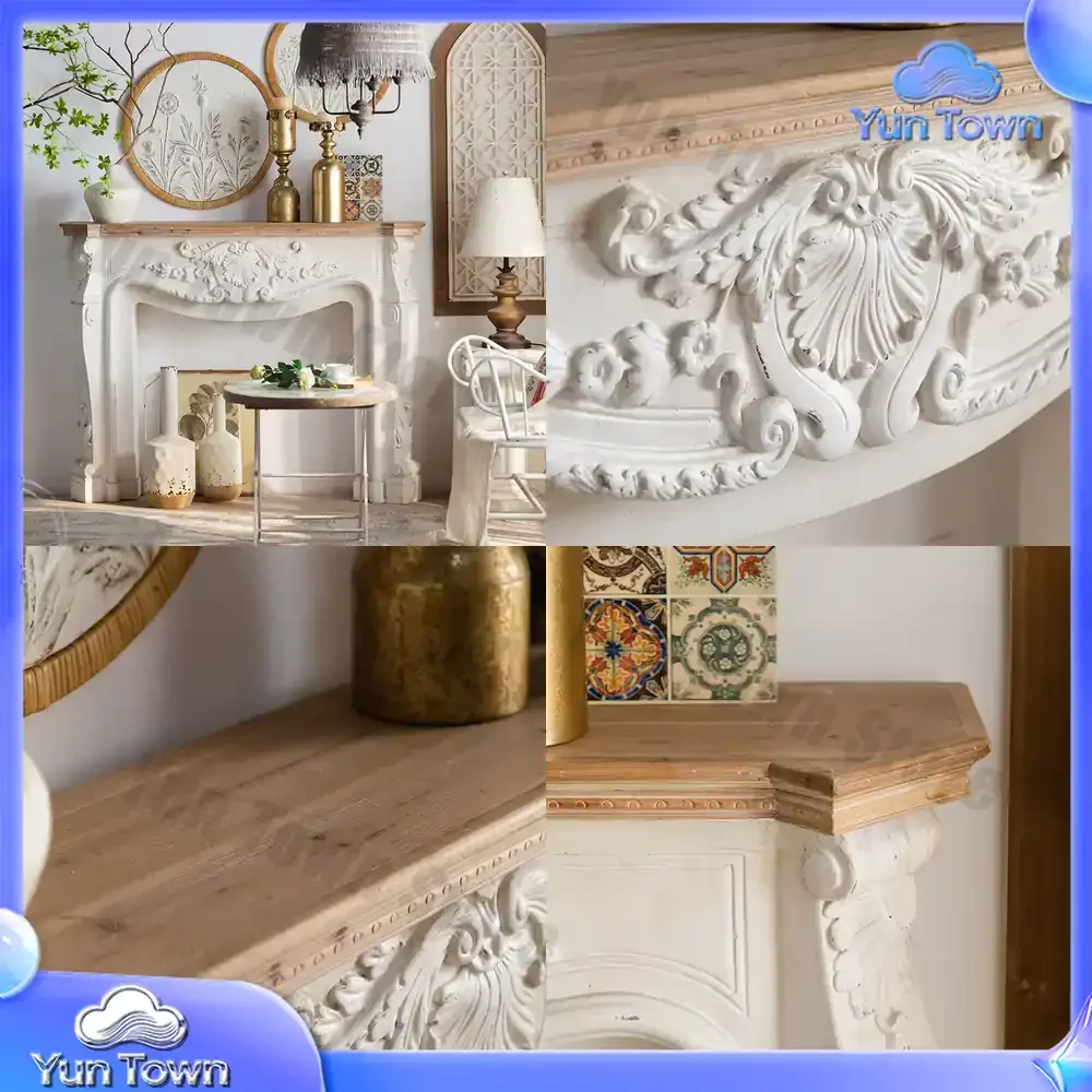 French Embossed Solid Wood Fireplace Mantel for Living Room Wall Mounted Vintage Rustic American Style Distressed Fireplace
