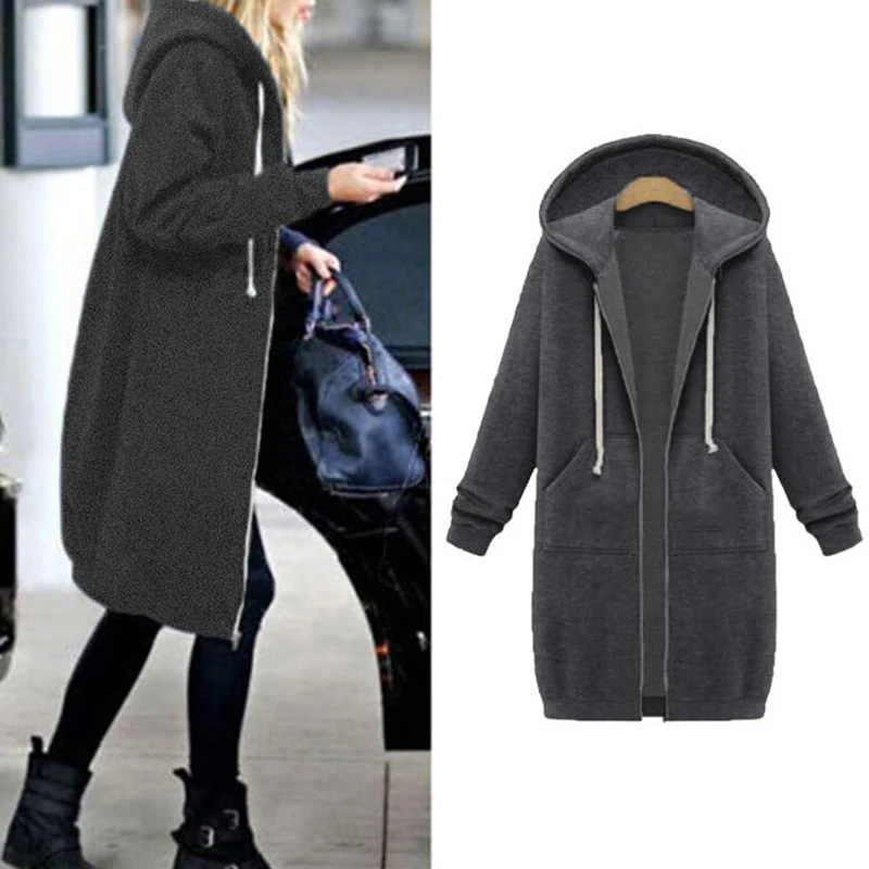 Long Hooded Jacket with Zipper for Women, Casual Loose Coat, Female Hoodies, Sweatshirt, Plus Size 5XL, Autumn and Winter