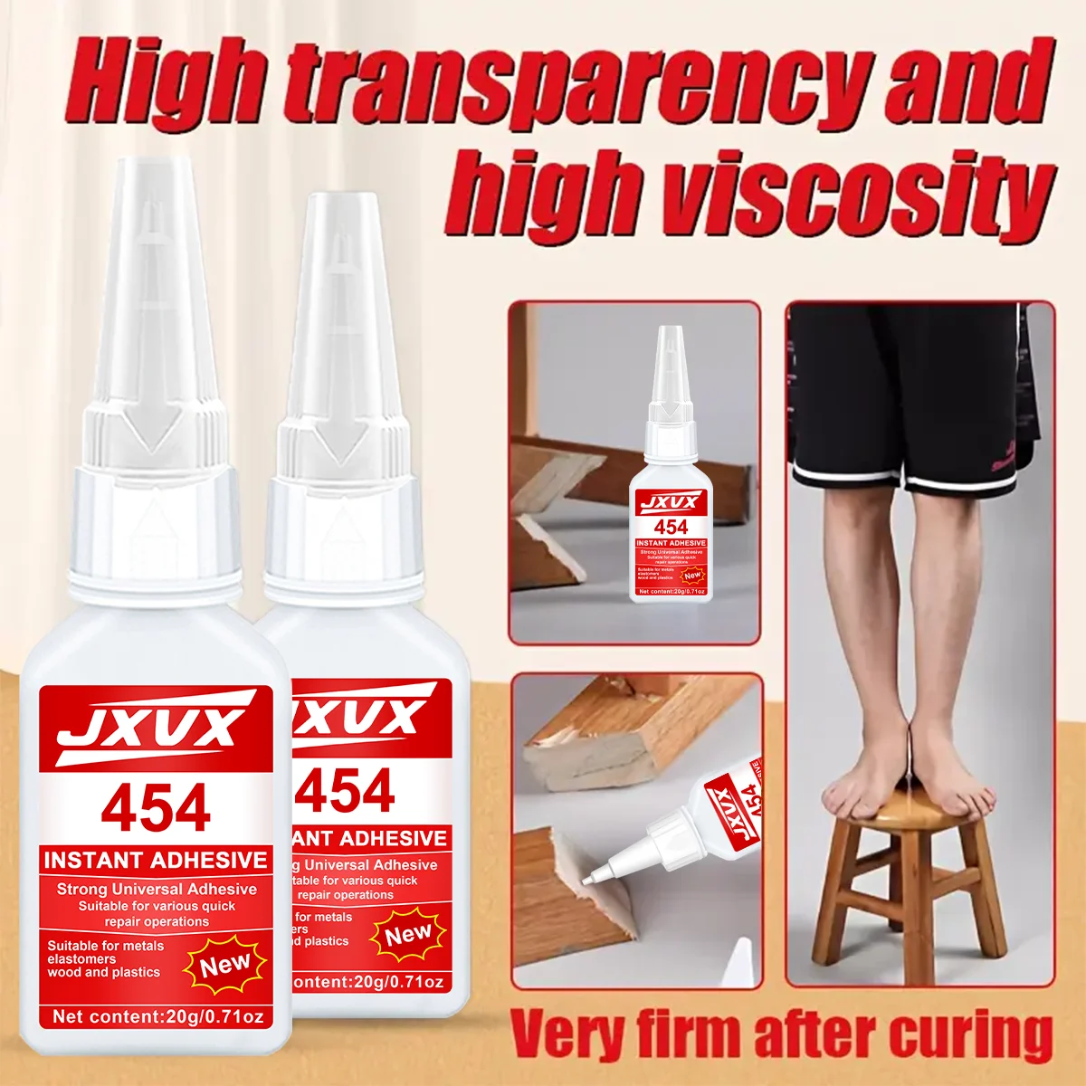 JXVX 454 Supercola, Supercola com nova fórmula, Baixo odor, Secagem rápida, Forte aderência, Antienvelhecimento, Adesivo transparente à prova d'água para reparos sem costura, Adesivo líquido incolor superforte