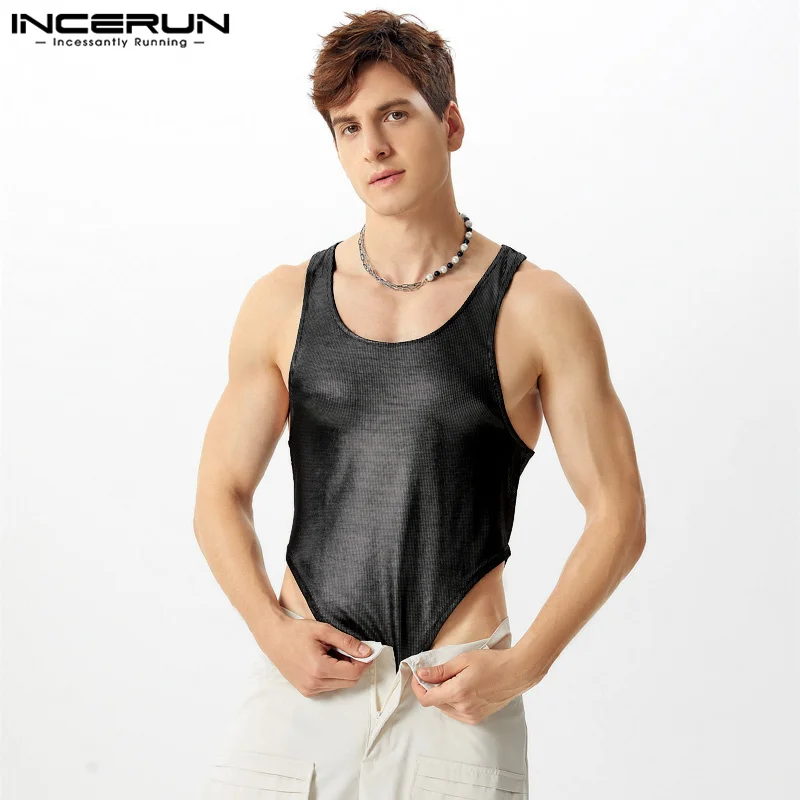 INCERUN Men Bodysuits Sequin O-neck Sleeveless Fitness Sparkling Sexy Rompers Tank Tops Men Streetwear 2025 Male Bodysuits S-5XL