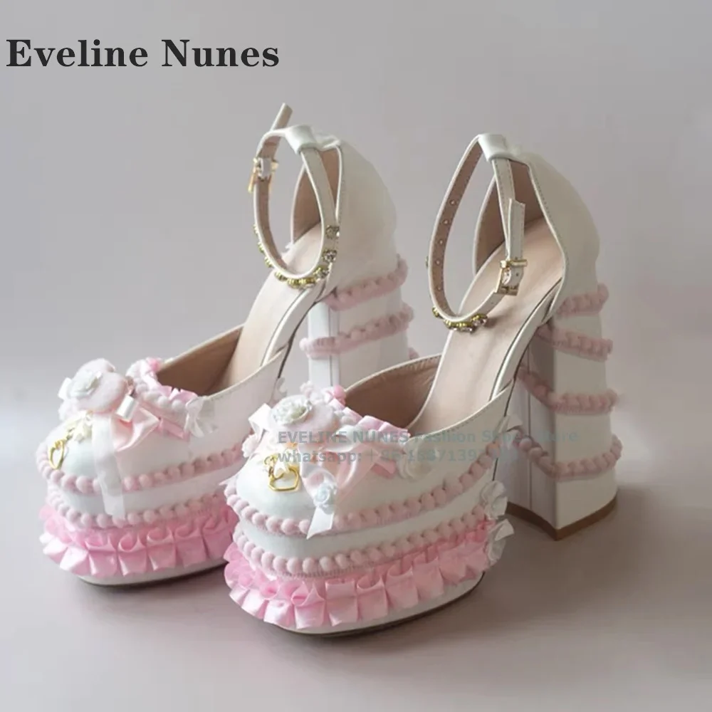 Platform Rhinestone Buckle Strap Lolita Pumps Round Toe Height Increasing Shallow Flower Ruffles Women Mary Janes 2024 Newest view 5