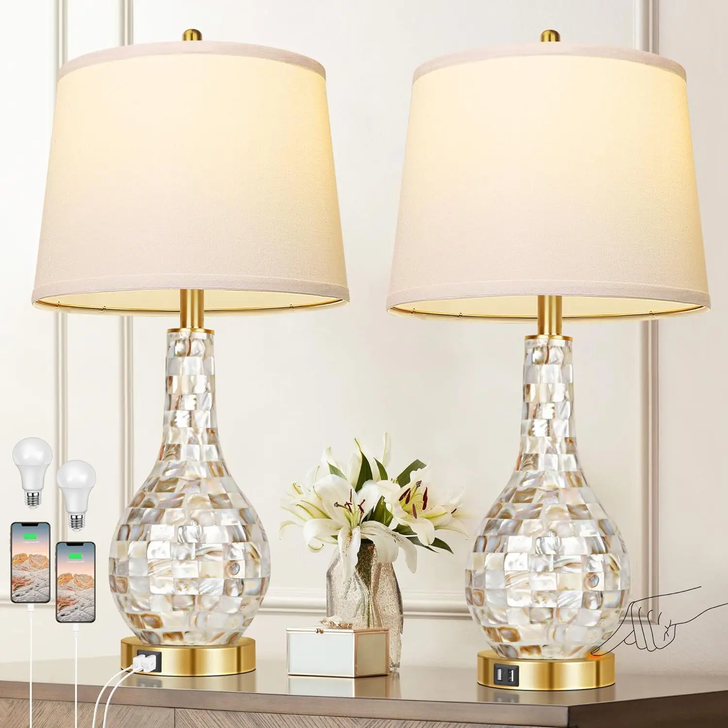 

Set Of 2 Gold Shell Pearl Tile Table Lamp, Modern Coastal Style Bedside Table Lamp With USB Port For Office, Living Room
