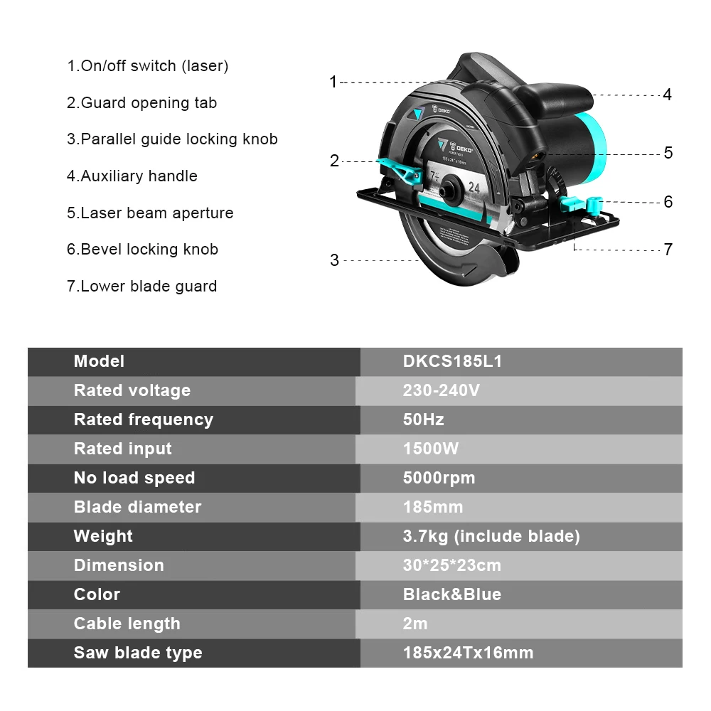DEKO DKCS185LD3/DKCS185L1 185mm, 전기 원형 톱, 다기능 절단 Mdle, 고출력 및 다기능 절단 기계