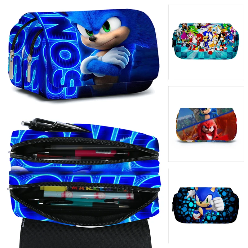 

Sonic Pencil Bag Large Capacity Pencil Case Flip Cover Double Layer Student Pen Box Cartoon Stationery Storage Office Supplies