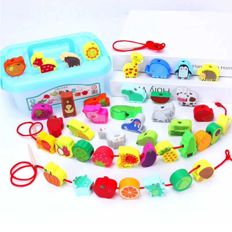 42pcs Beaded Wooden Toys Baby Cartoon Fruit Animal Stringing Wooden Beads DIY Montessori Toys Children's Educational Games