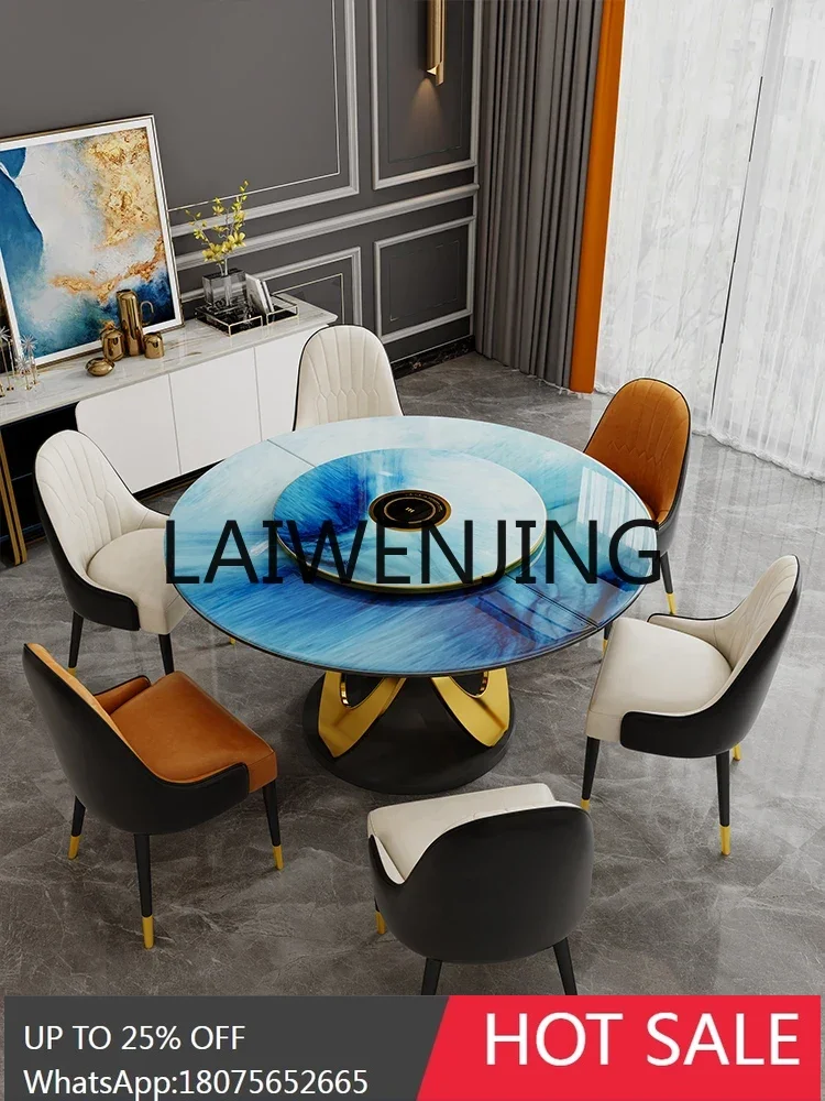 Ellipse Dining Table Folding Household Natural Marble Light Luxury Retractable Turntable with Induction Cooker