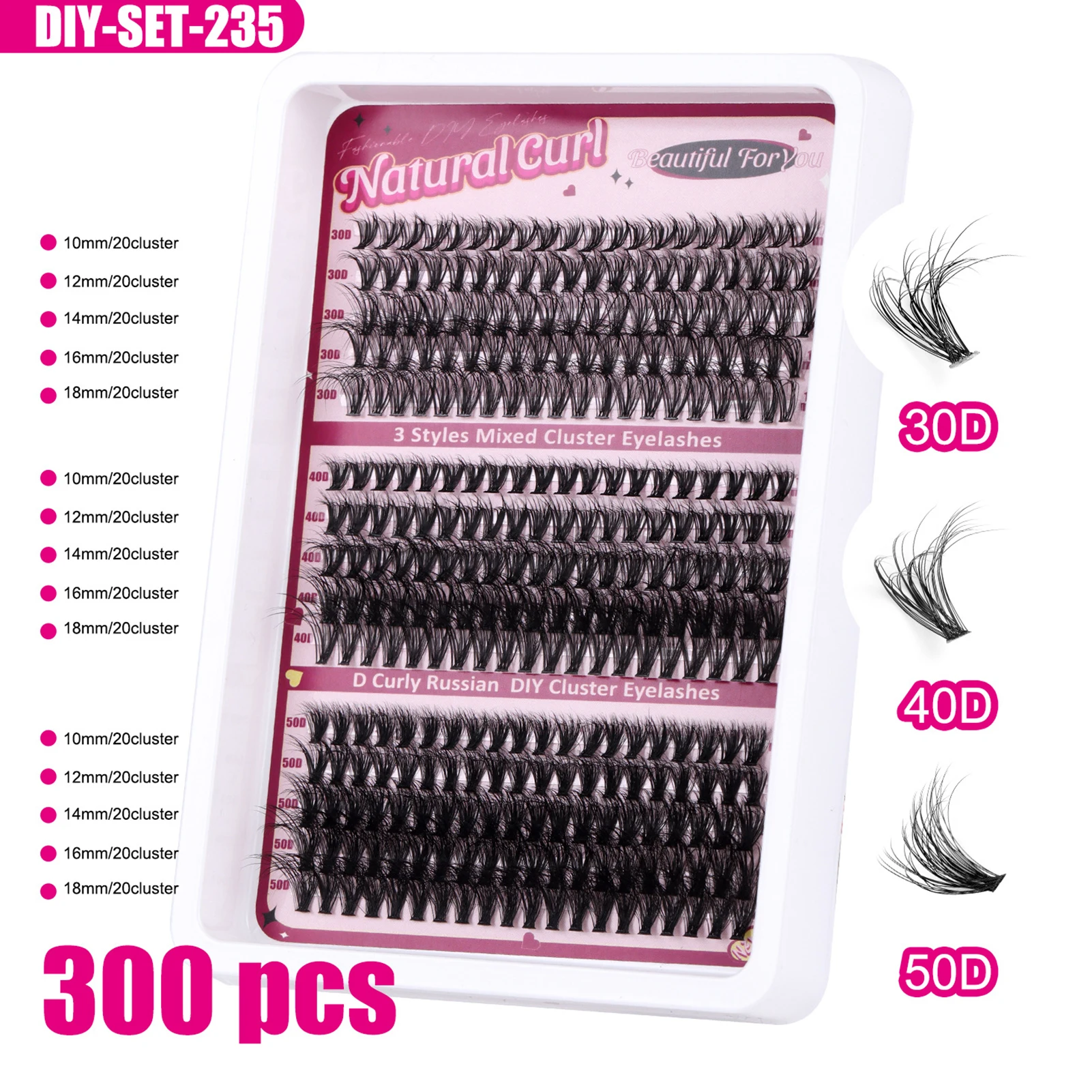 DIY Lashes Extension Kit 300Pcs Fluffy 30D 40D 50D Clusters Individual Eyelashes with Bond and Seal Glue Remover Tweezers Kit