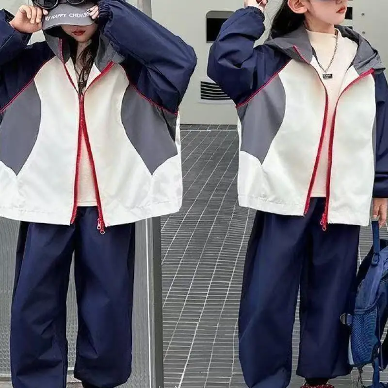 

Kawaii модный спортивный костюм для девочек, комплект спортивных штанов, студенческая осенняя повседневная куртка на молнии с капюшоном, комплект из 2 предметов, детская одежда, новинка