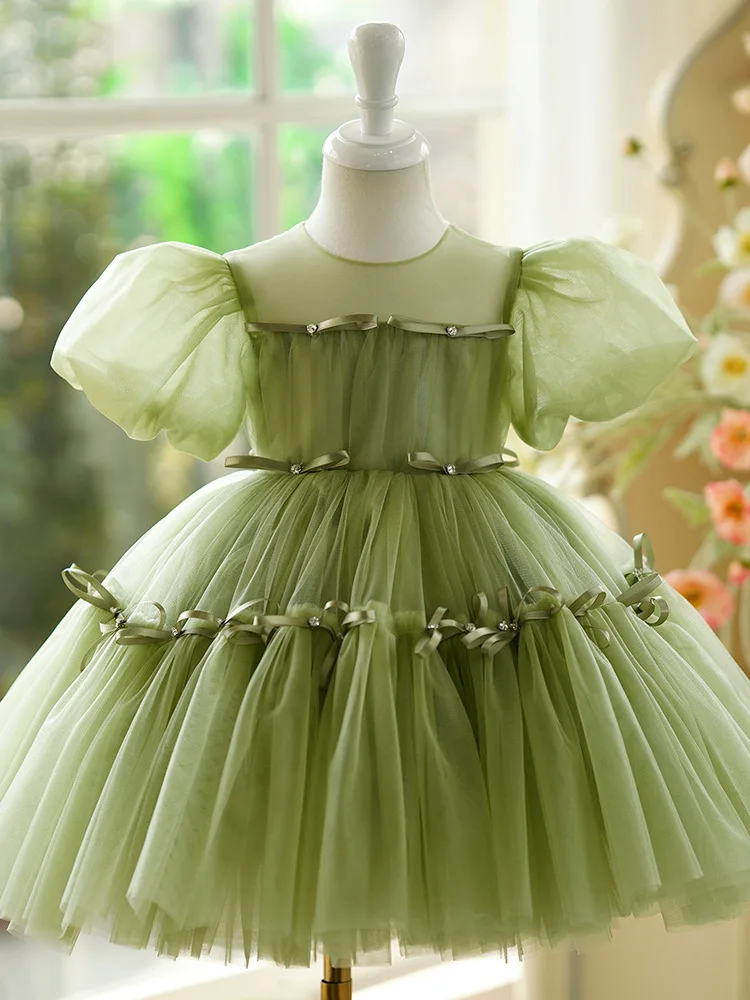 Luxurious Girls Princess tutu Dress Children green Bow Fluffy Wedding flower girls Prom Gown baby  Birthday Party Kids Dresses