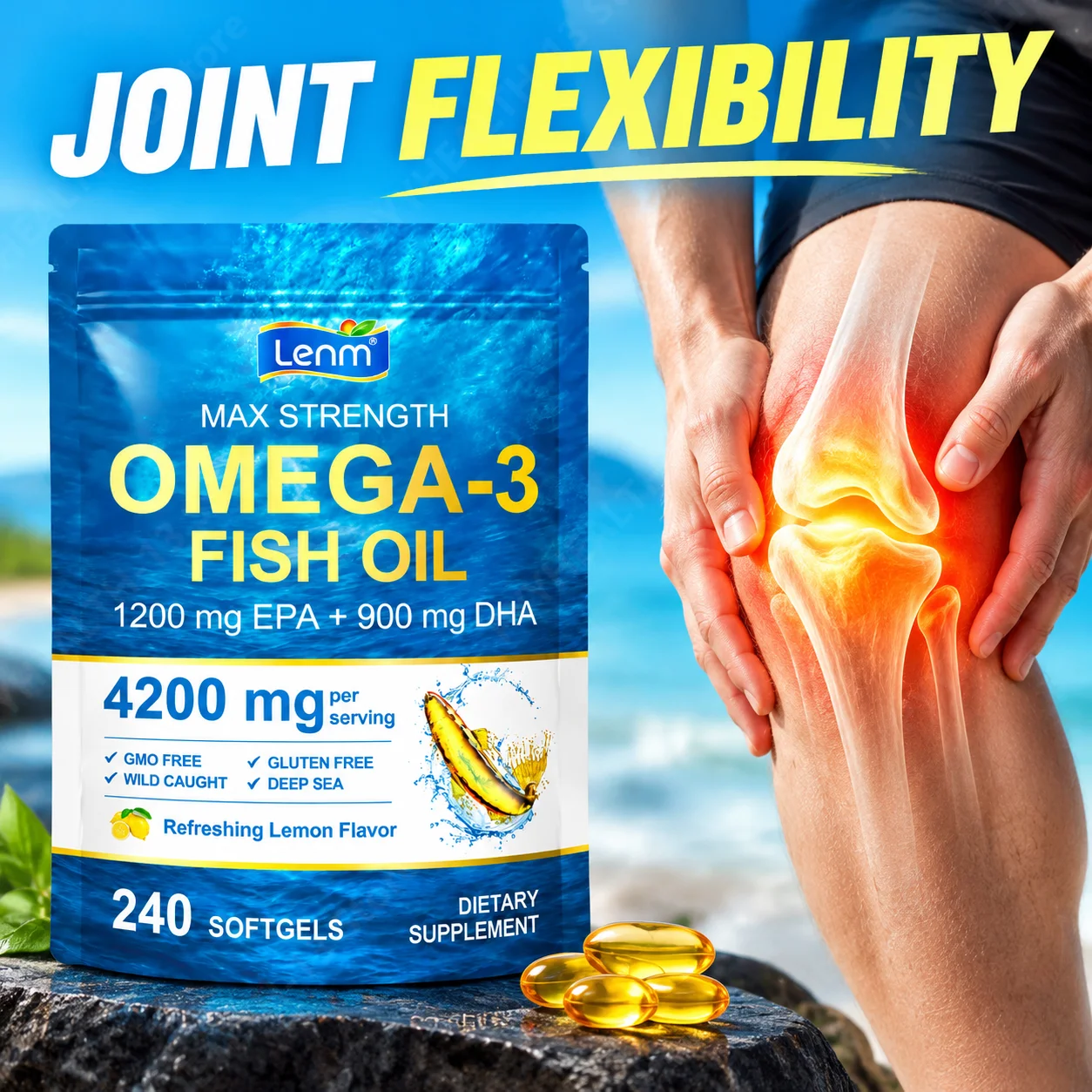 Omaga-3 Fish Oil Increase Joint Flexibility Promote Eye ,Brain and Heart Health Brain, Rich in EPA DHA 240 Softgels 80 Days