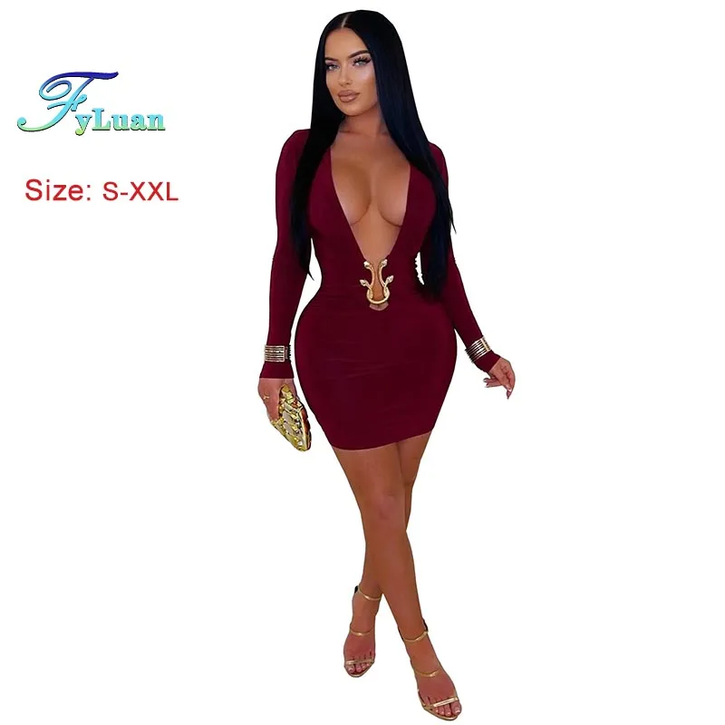 Mini abito sexy Moda Abbigliamento donna Abito aderente a maniche lunghe con scollo a V profondo Tinta unita Abito medio da donna Abito da festa in discoteca