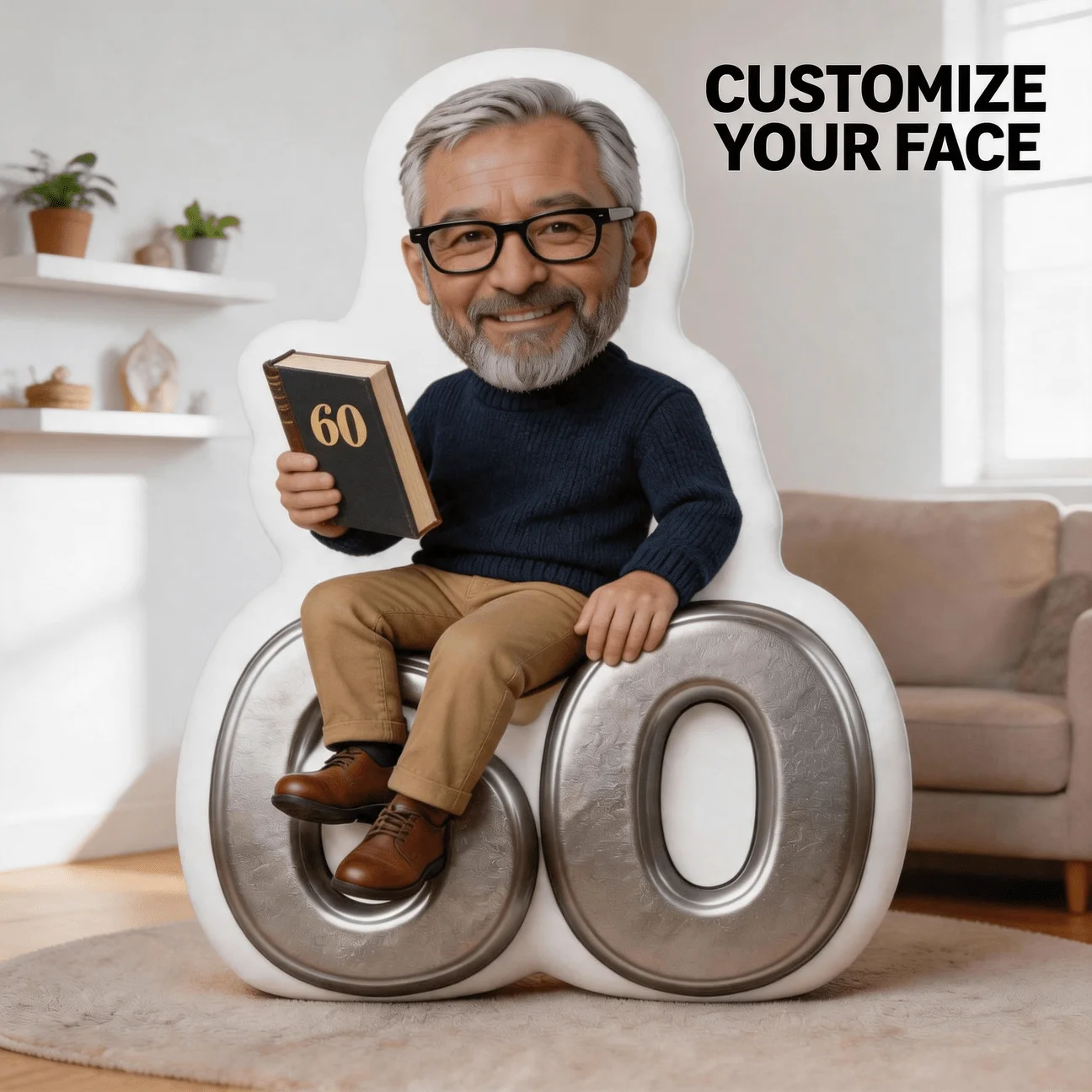 Custom Personalized Photo Face Pillow, 60Th Birthday Celebration Custom Shaped Decorative Cushion, 60CM Large Size Accent Pillow